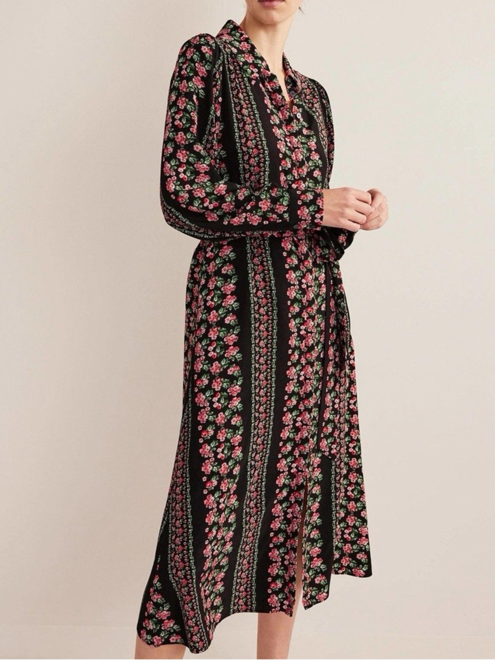 Boden Size 12 Black Pink Floral Maxi Long Sleeve Shirt Dress w/ Belt & Pockets
